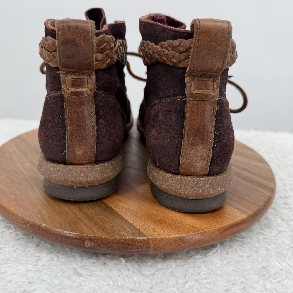 Born Temple Boots Womens Size 8 Purple Suede Ankle Booties Braided Trim Wedge - Picture 6 of 10